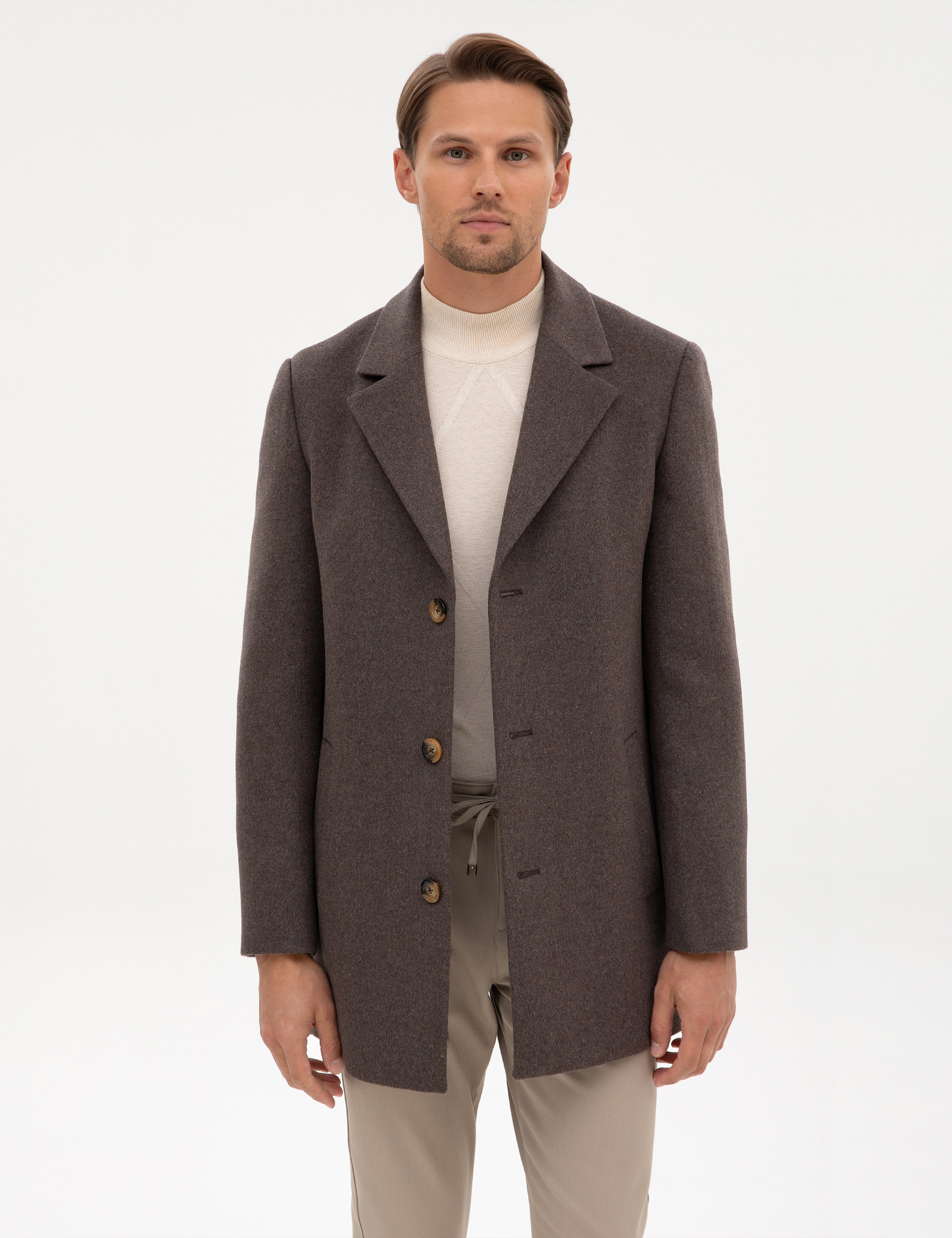 Kahverengi Ex. Slim Fit Yün Karışımlı Kaşe Kaban