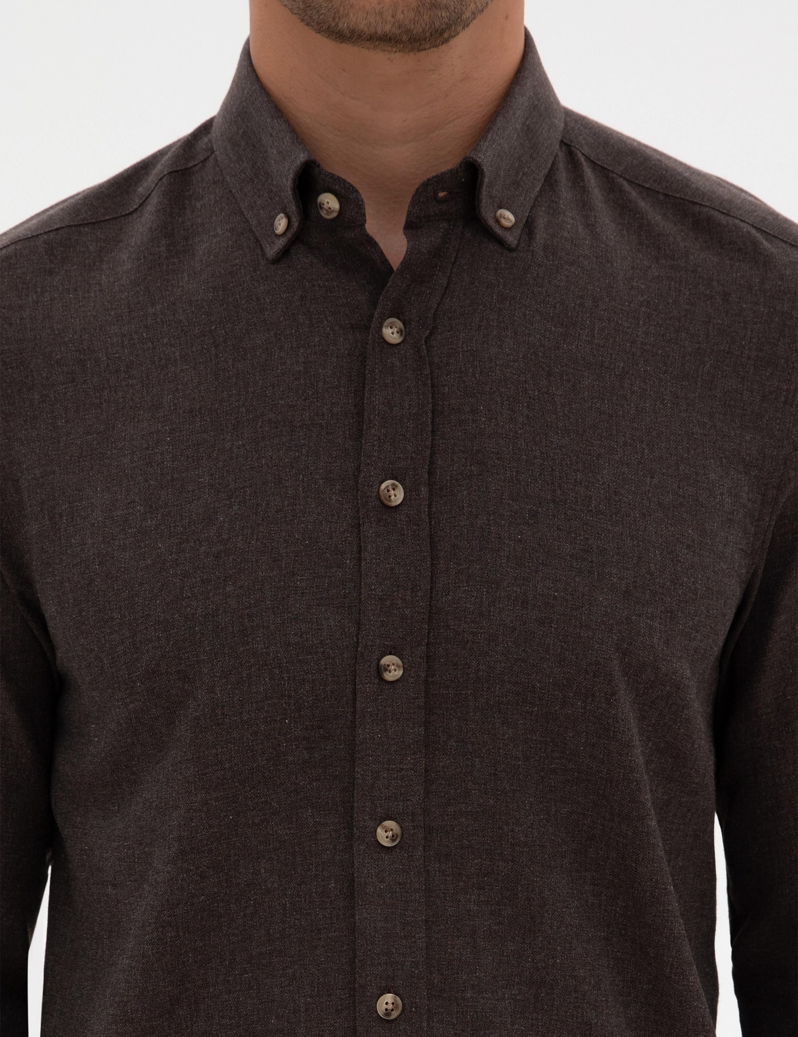 Kahverengi Flanel Dokulu Slim Fit Uzun Kollu Gömlek