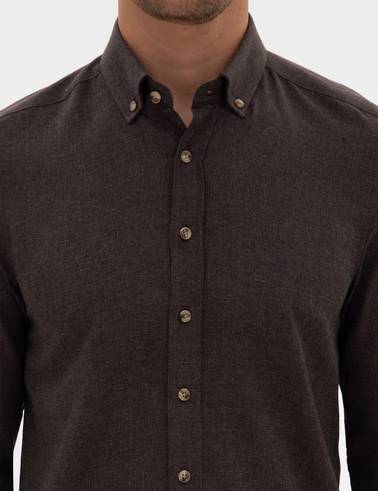 Kahverengi Flanel Dokulu Slim Fit Uzun Kollu Gömlek