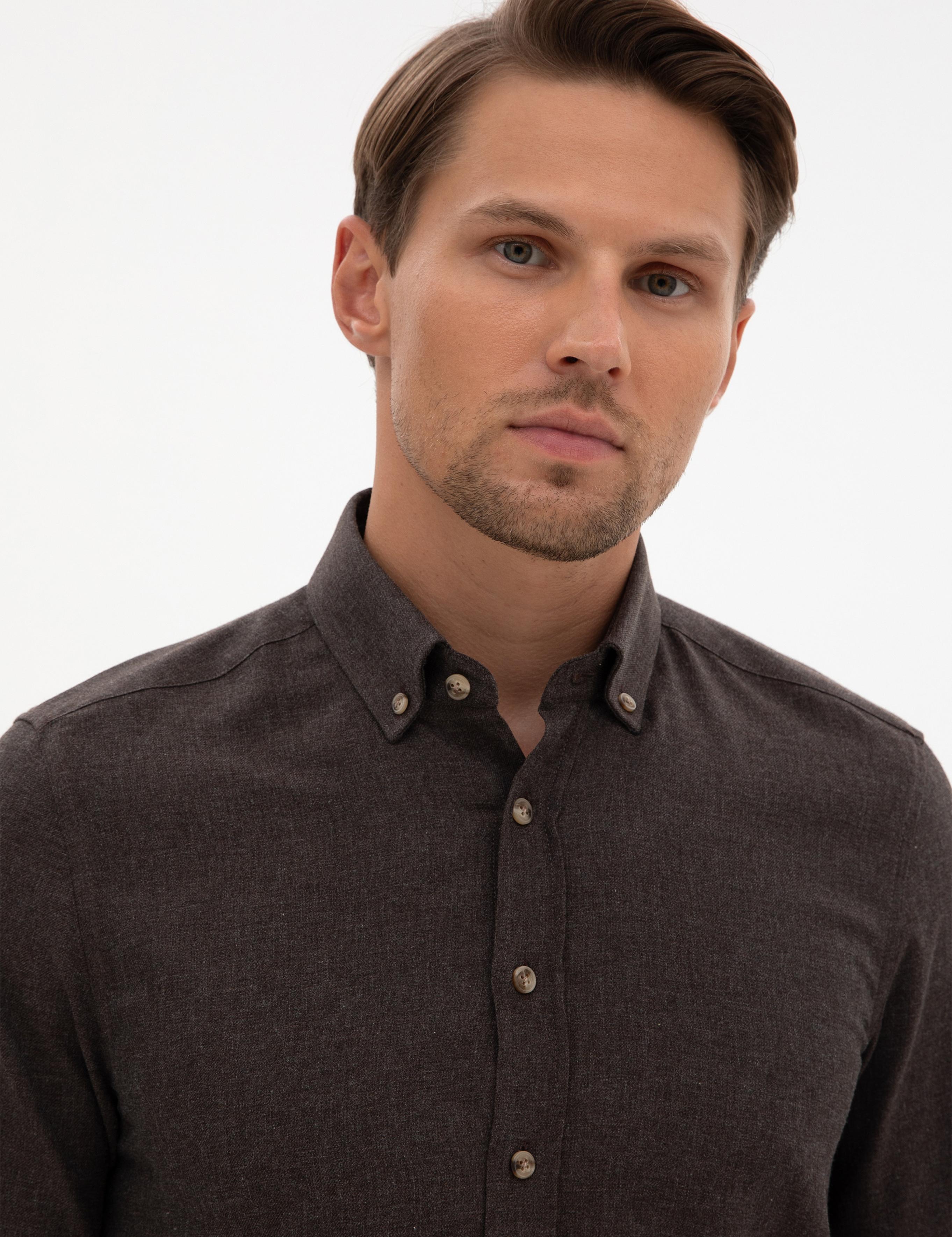 Kahverengi Flanel Dokulu Slim Fit Uzun Kollu Gömlek