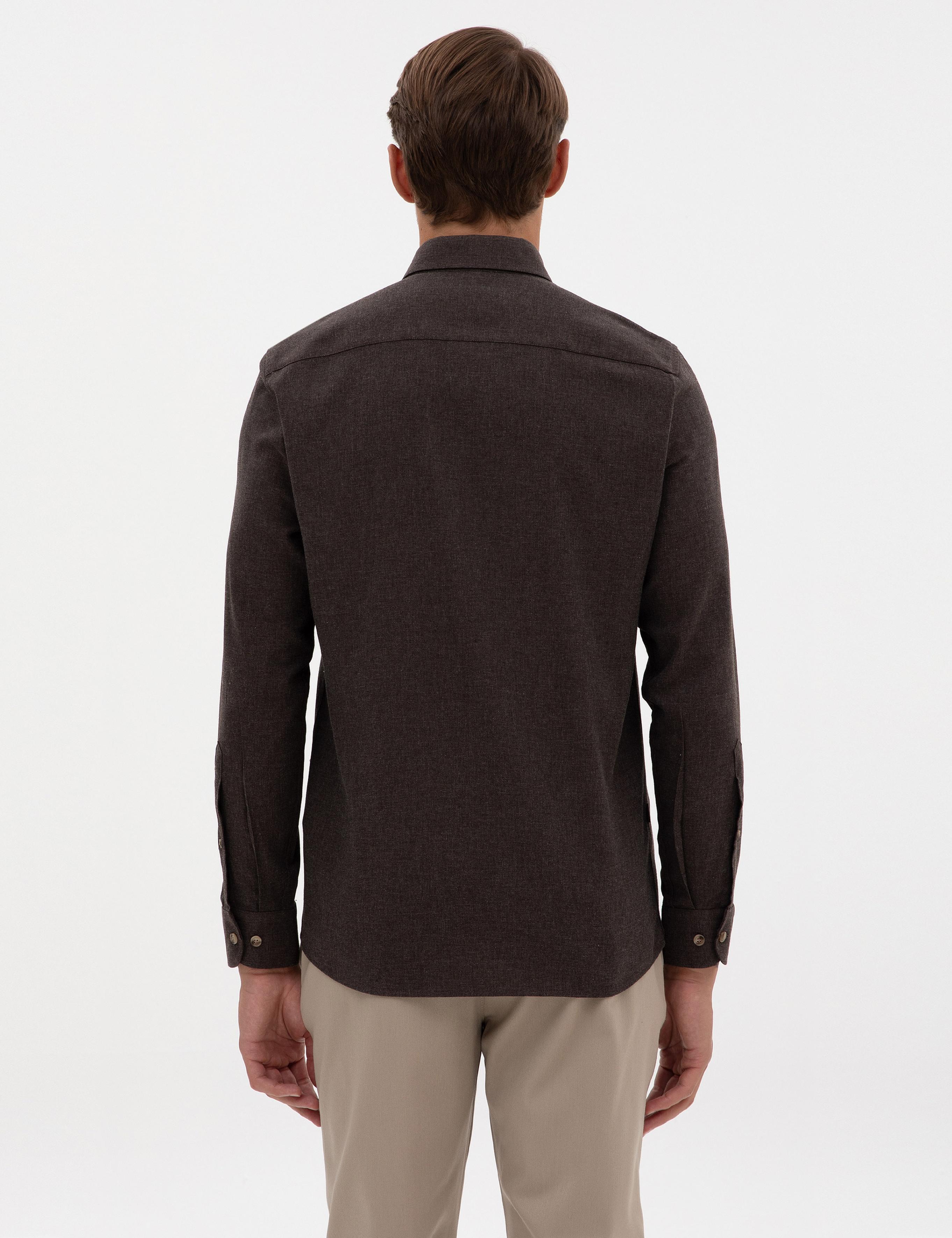 Kahverengi Flanel Dokulu Slim Fit Uzun Kollu Gömlek
