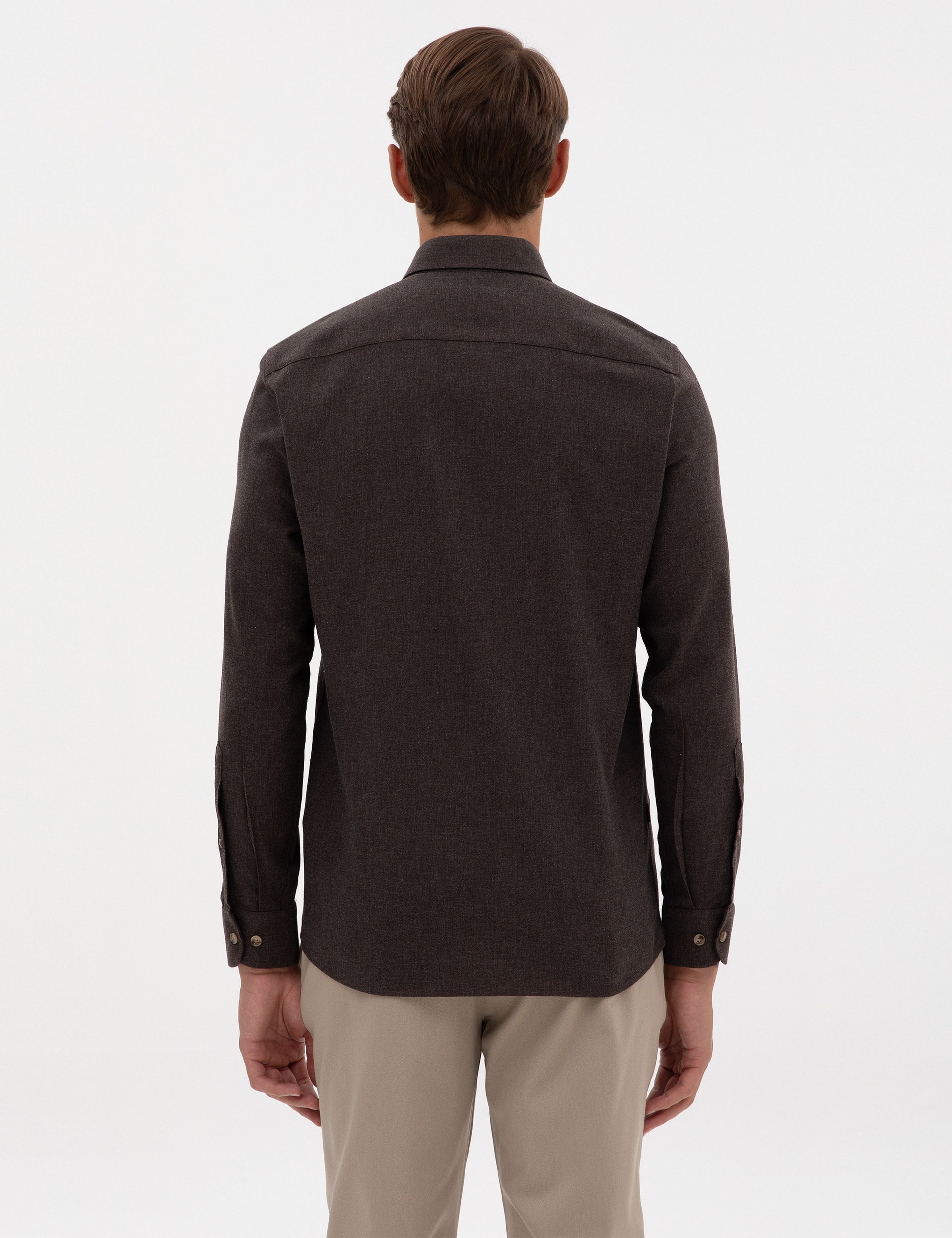 Kahverengi Flanel Dokulu Slim Fit Uzun Kollu Gömlek