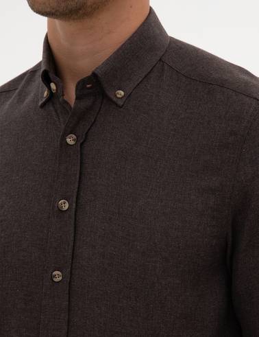 Kahverengi Flanel Dokulu Slim Fit Uzun Kollu Gömlek