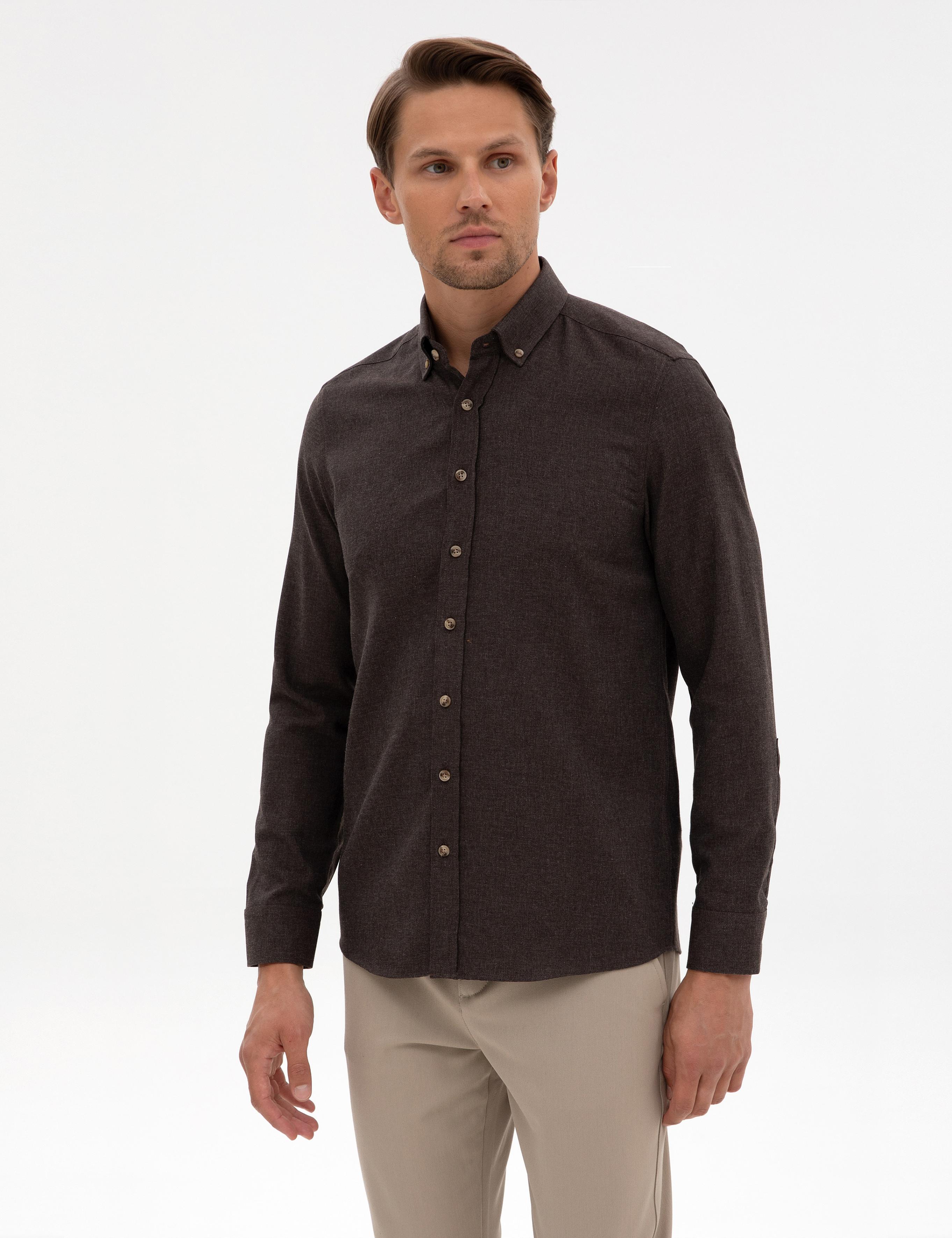 Kahverengi Flanel Dokulu Slim Fit Uzun Kollu Gömlek