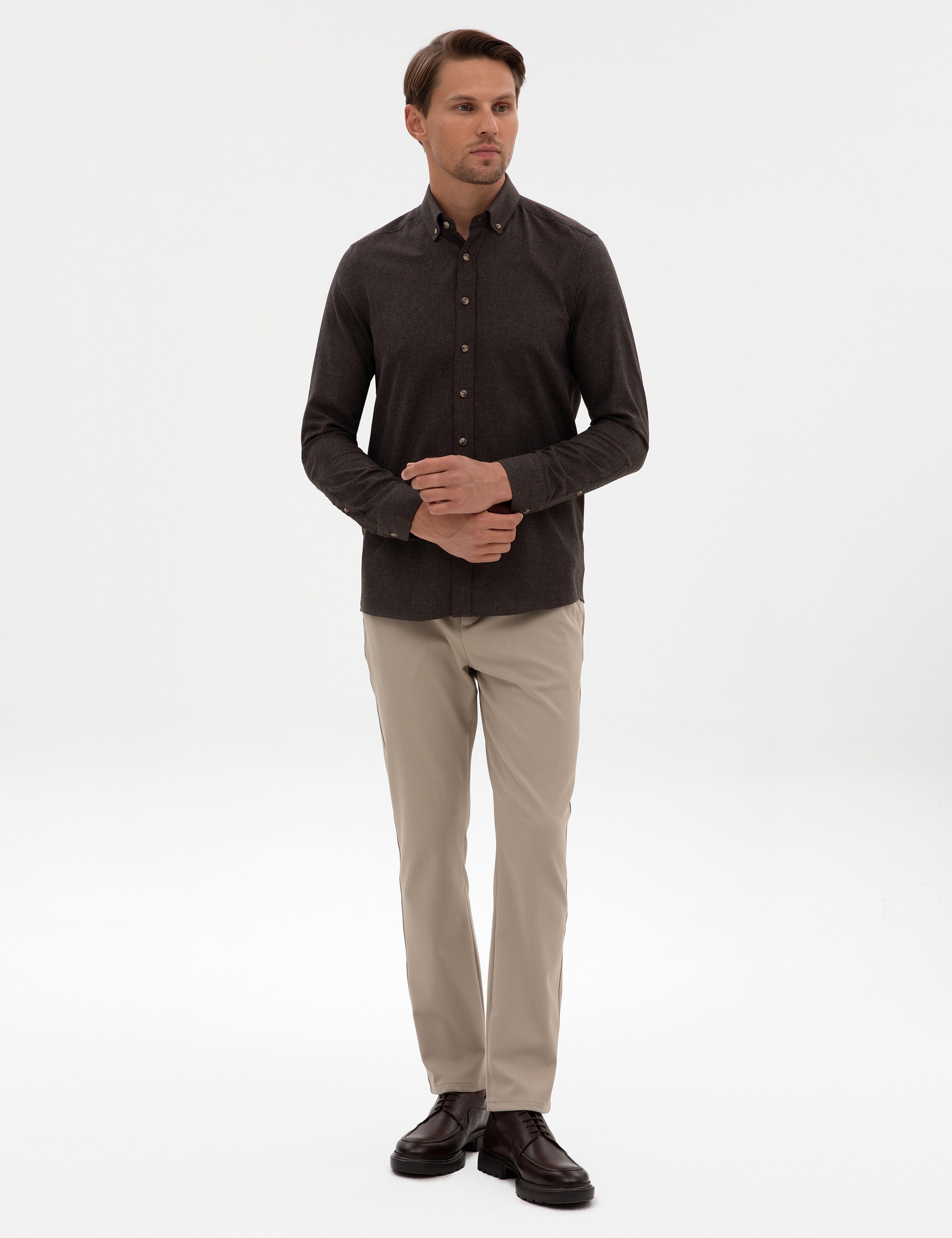 Kahverengi Flanel Dokulu Slim Fit Uzun Kollu Gömlek - Image 4