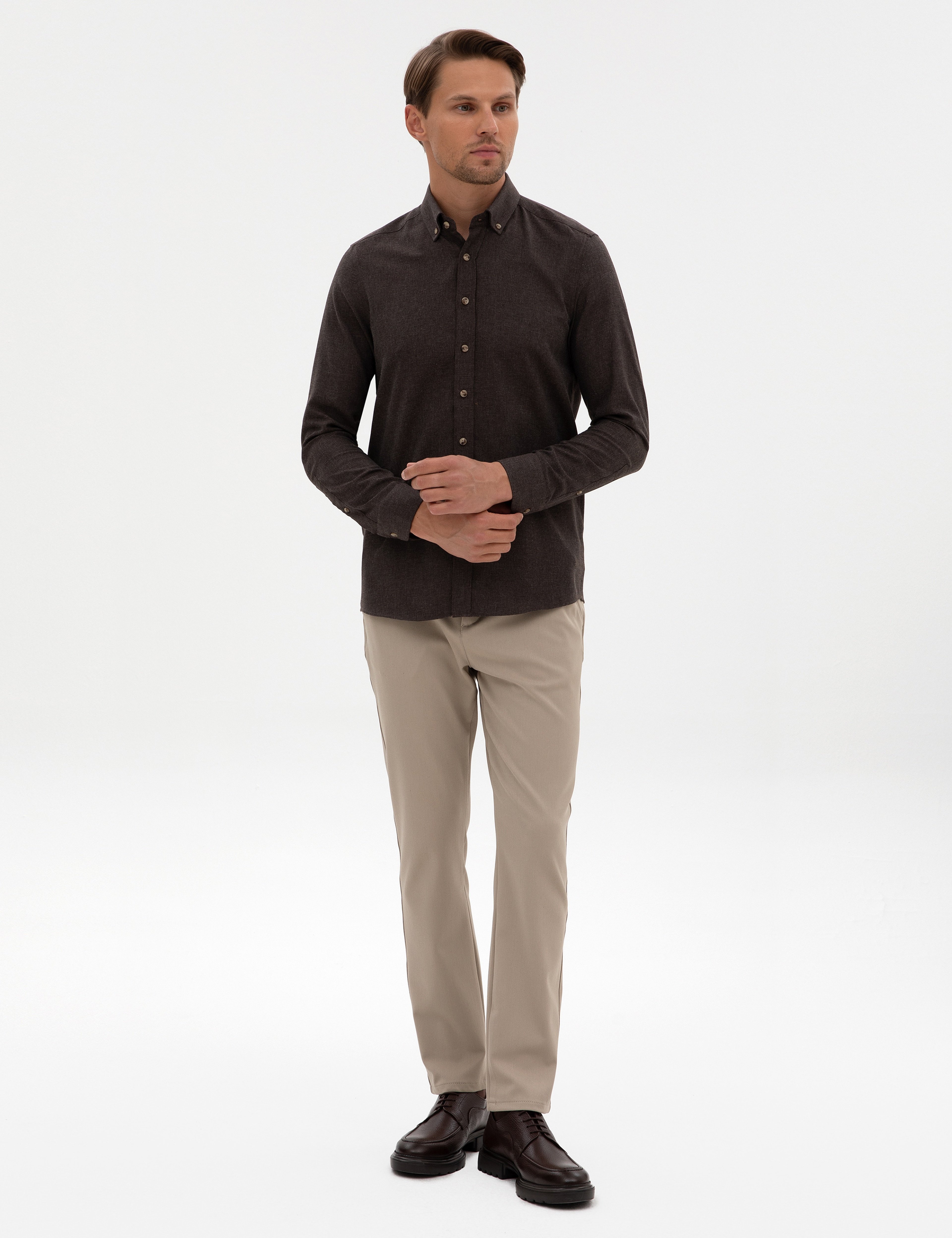 Kahverengi Flanel Dokulu Slim Fit Uzun Kollu Gömlek