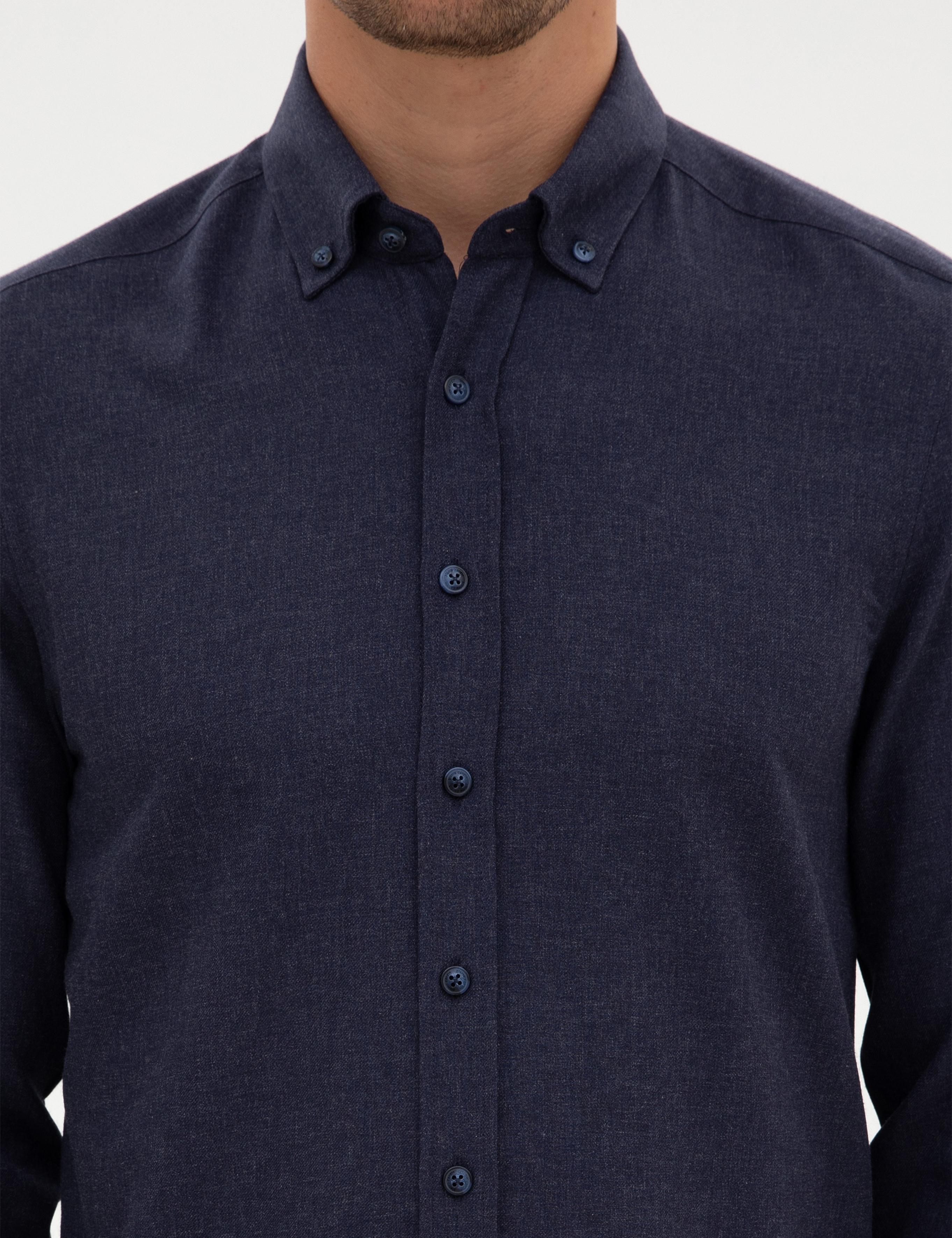 Lacivert Flanel Dokulu Slim Fit Uzun Kollu Gömlek