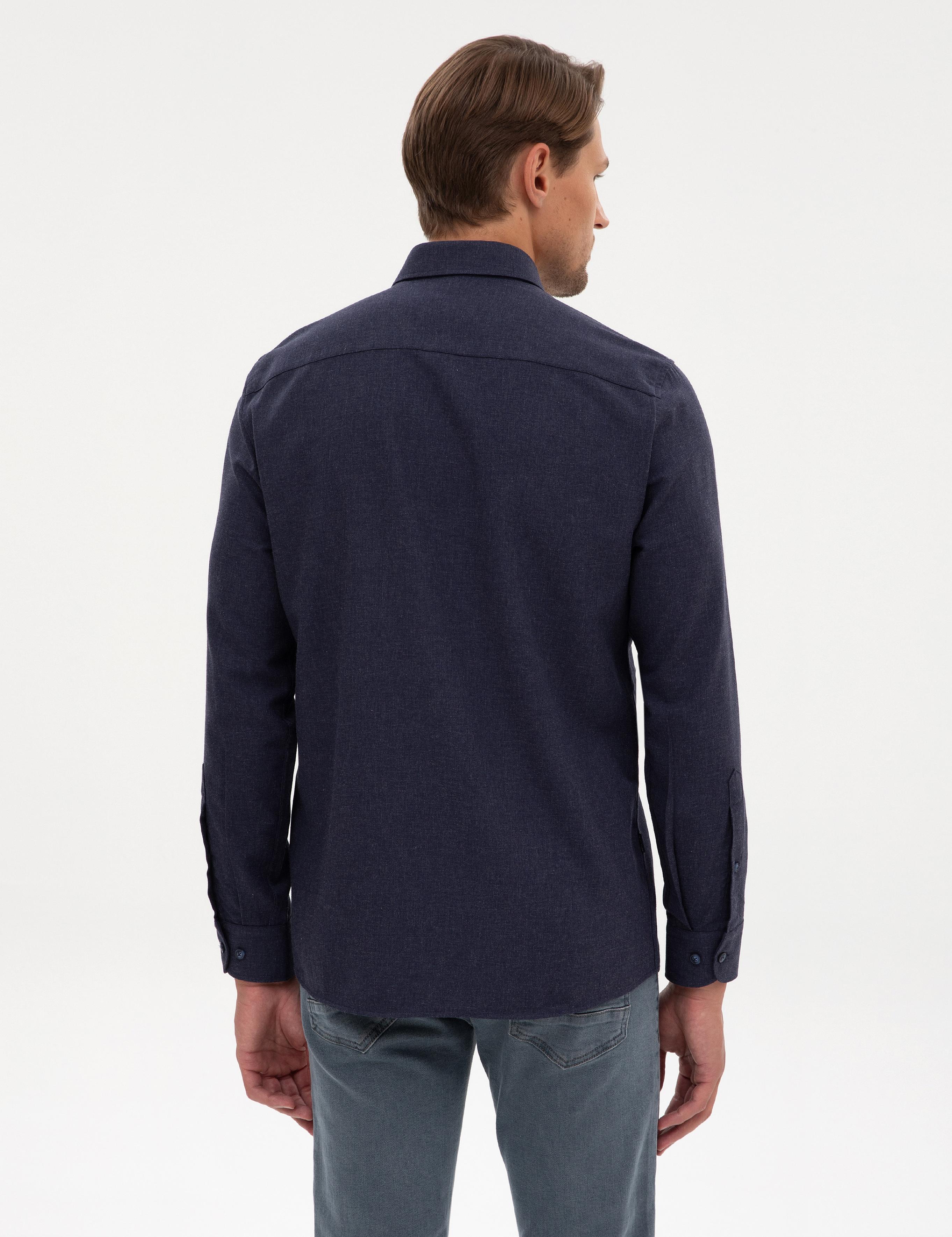 Lacivert Flanel Dokulu Slim Fit Uzun Kollu Gömlek