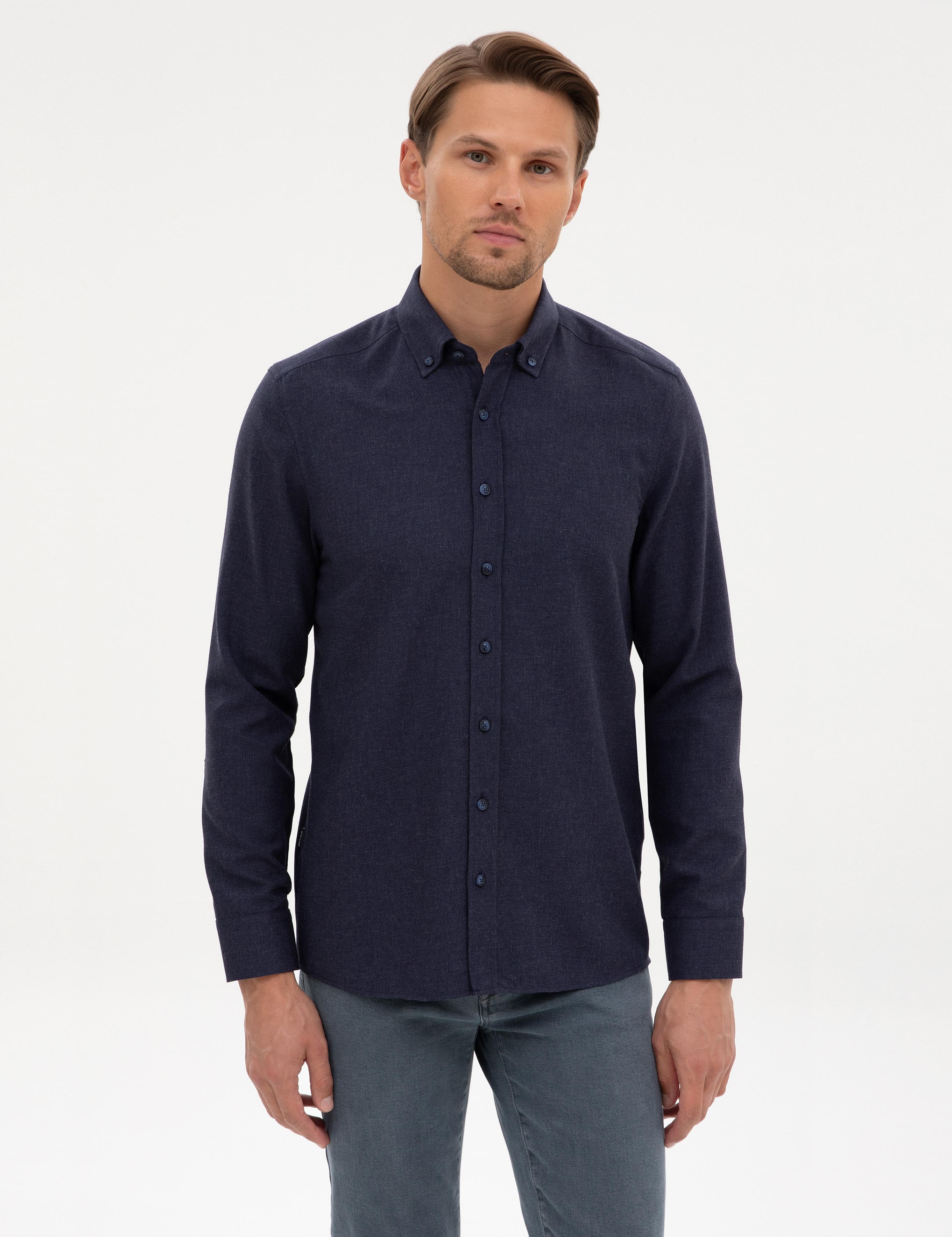 Lacivert Flanel Dokulu Slim Fit Uzun Kollu Gömlek