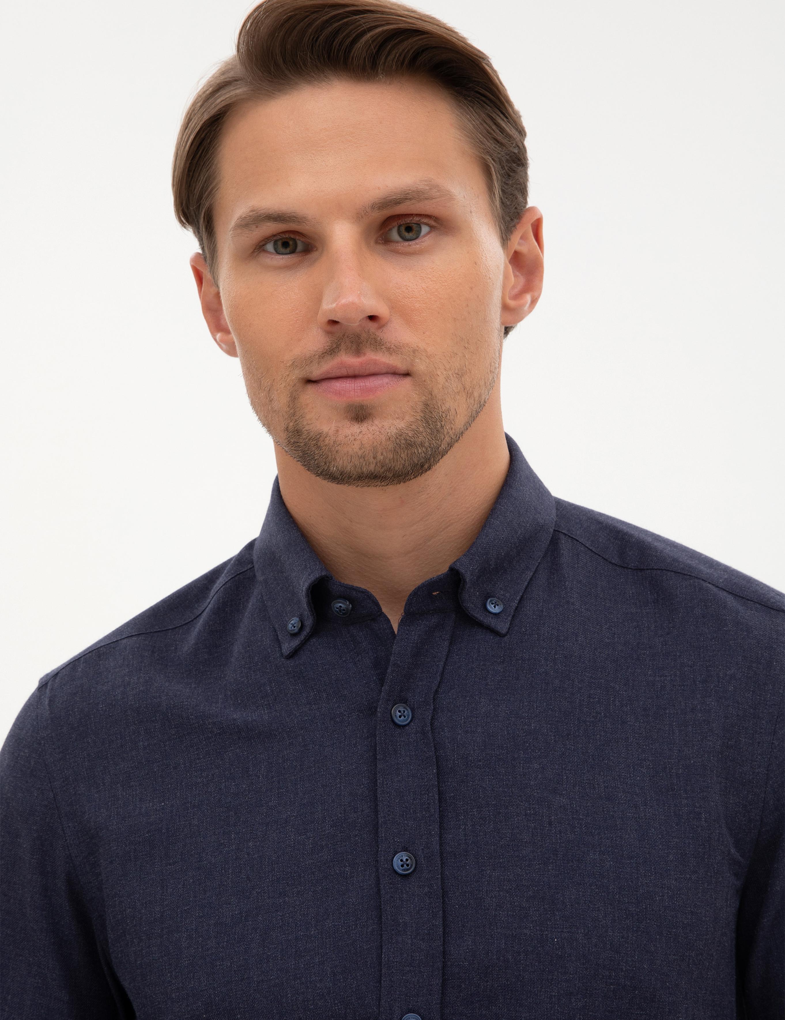 Lacivert Flanel Dokulu Slim Fit Uzun Kollu Gömlek