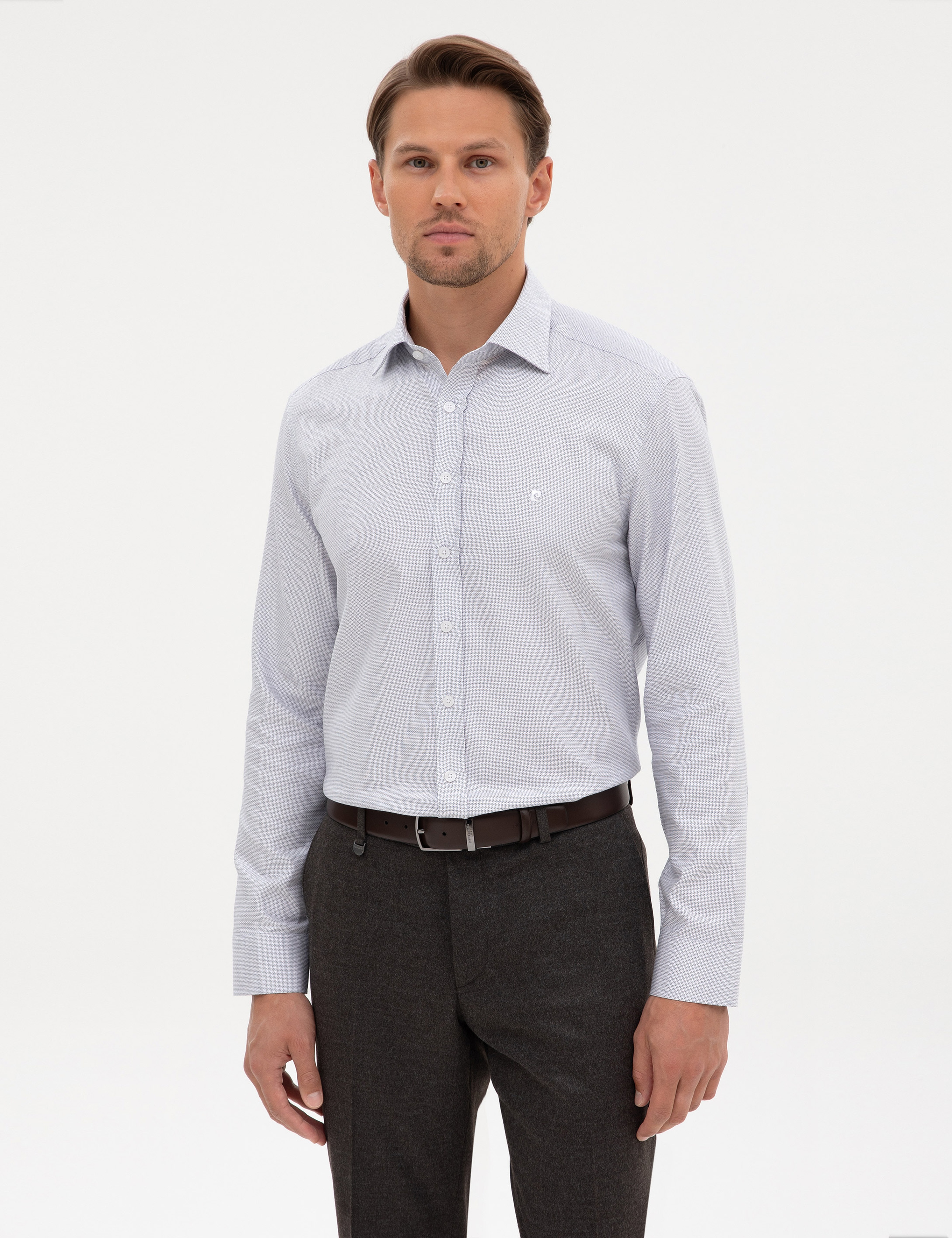 Açık Lacivert Mikro Desenli Fashion Yaka Slim Fit Gömlek - Image 1