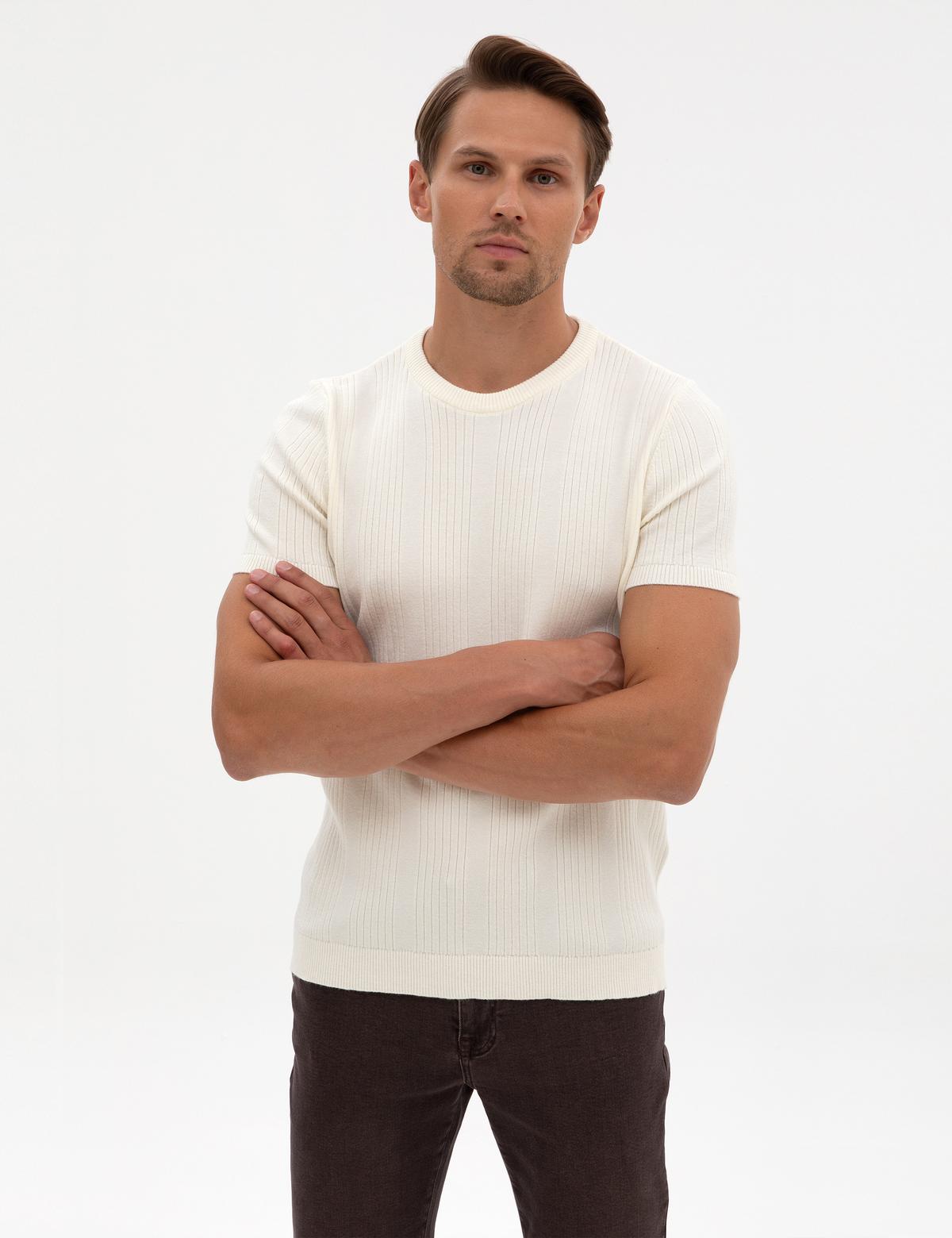 Ekru Slim Fit Bisiklet Yaka Triko Kazak - 50315689006