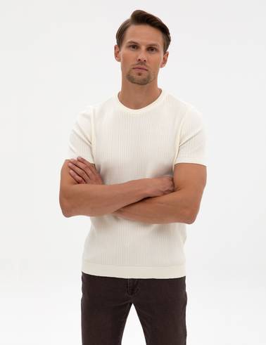 Ekru Slim Fit Bisiklet Yaka Triko Kazak