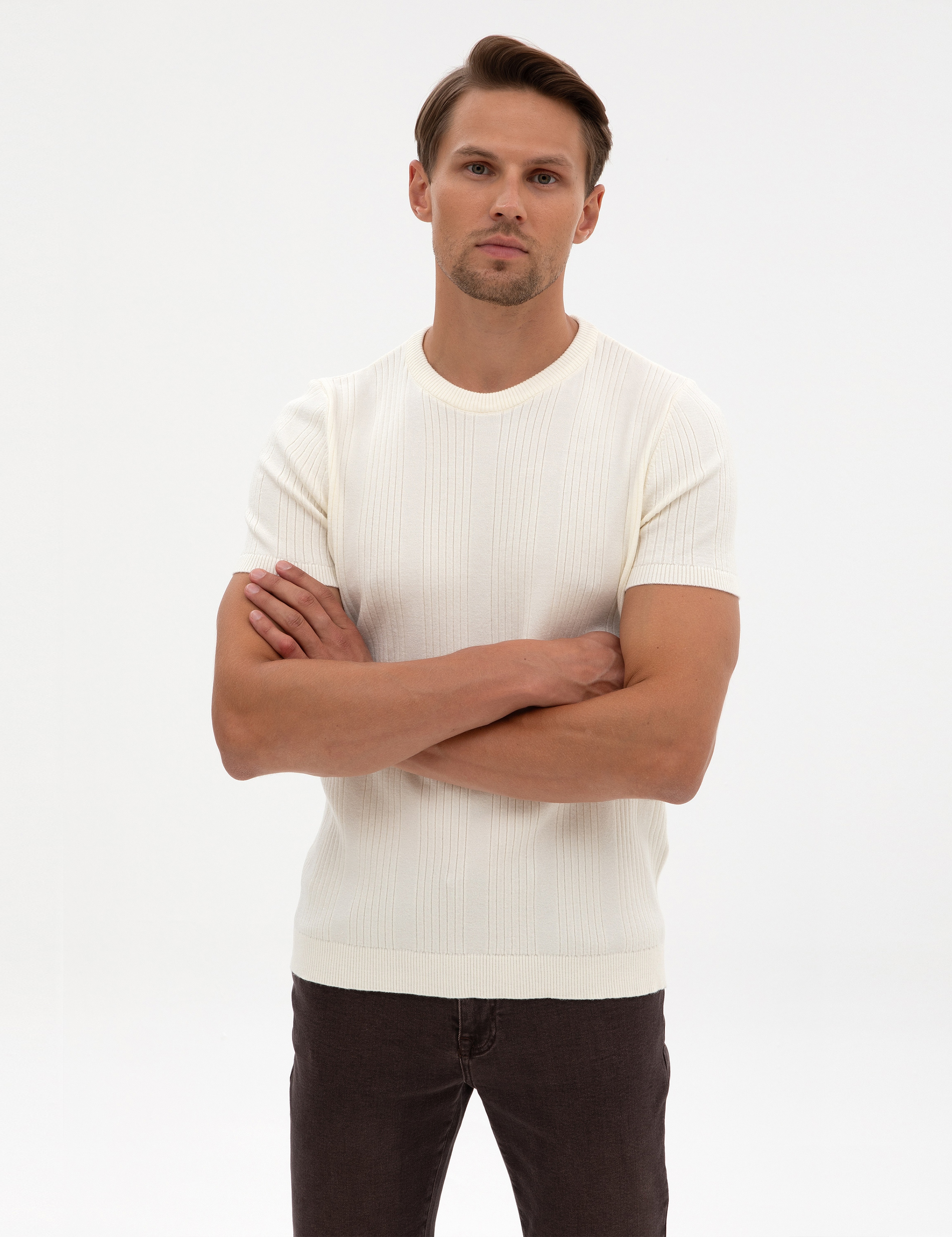 Ekru Slim Fit Bisiklet Yaka Triko Kazak - Image 3