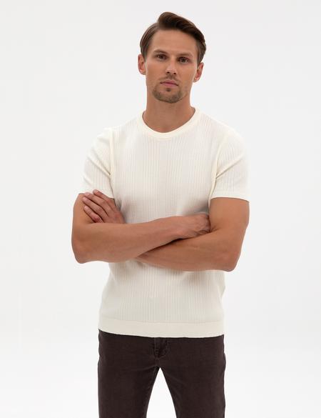 Ekru Slim Fit Bisiklet Yaka Triko Kazak - 50315689006