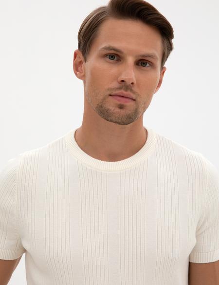 Ekru Slim Fit Bisiklet Yaka Triko Kazak - 50315689006