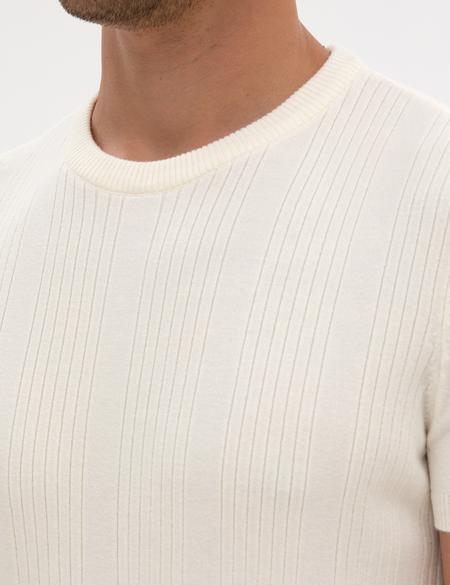 Ekru Slim Fit Bisiklet Yaka Triko Kazak - 50315689006