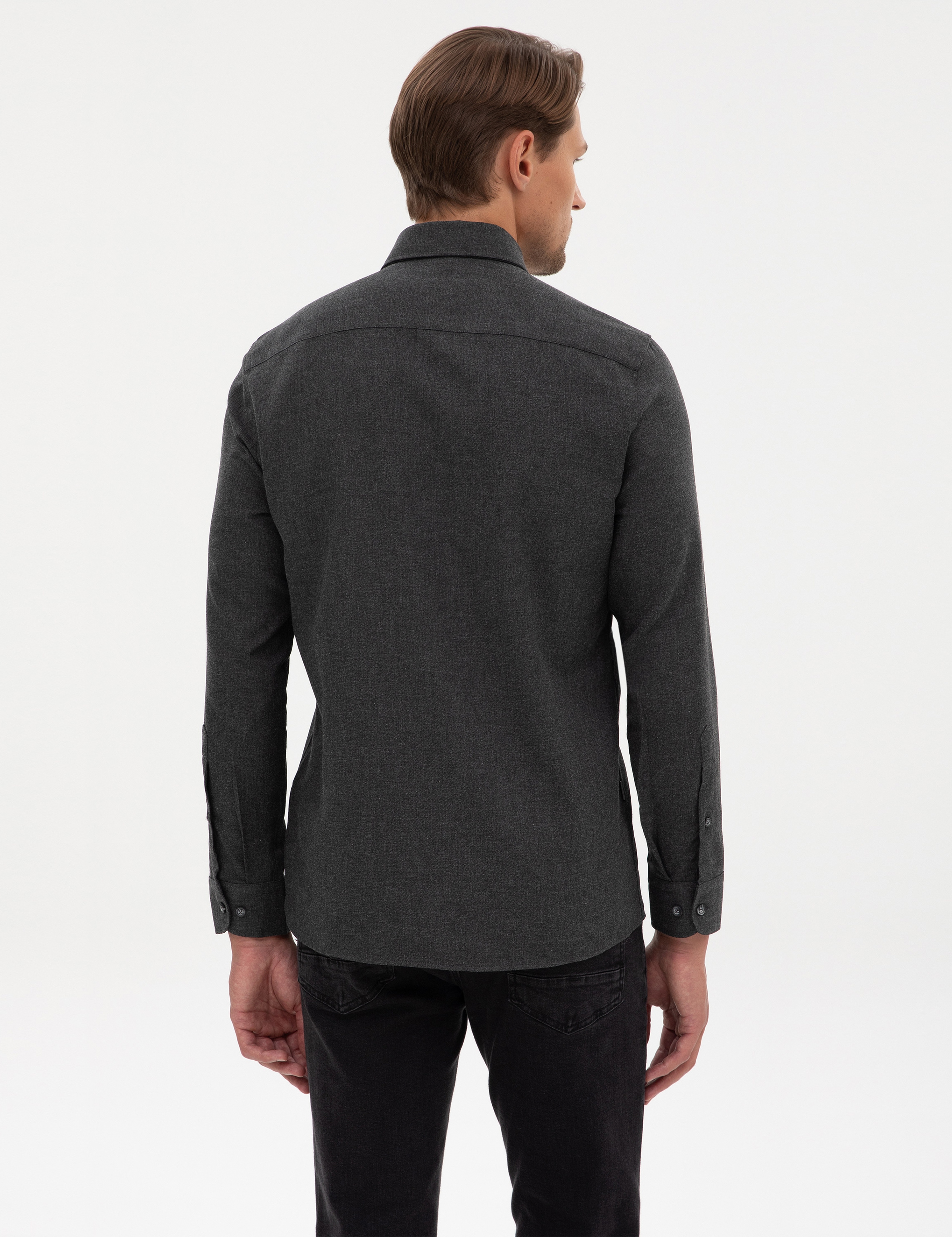 Antrasit Flanel Dokulu Slim Fit Uzun Kollu Gömlek - Image 5