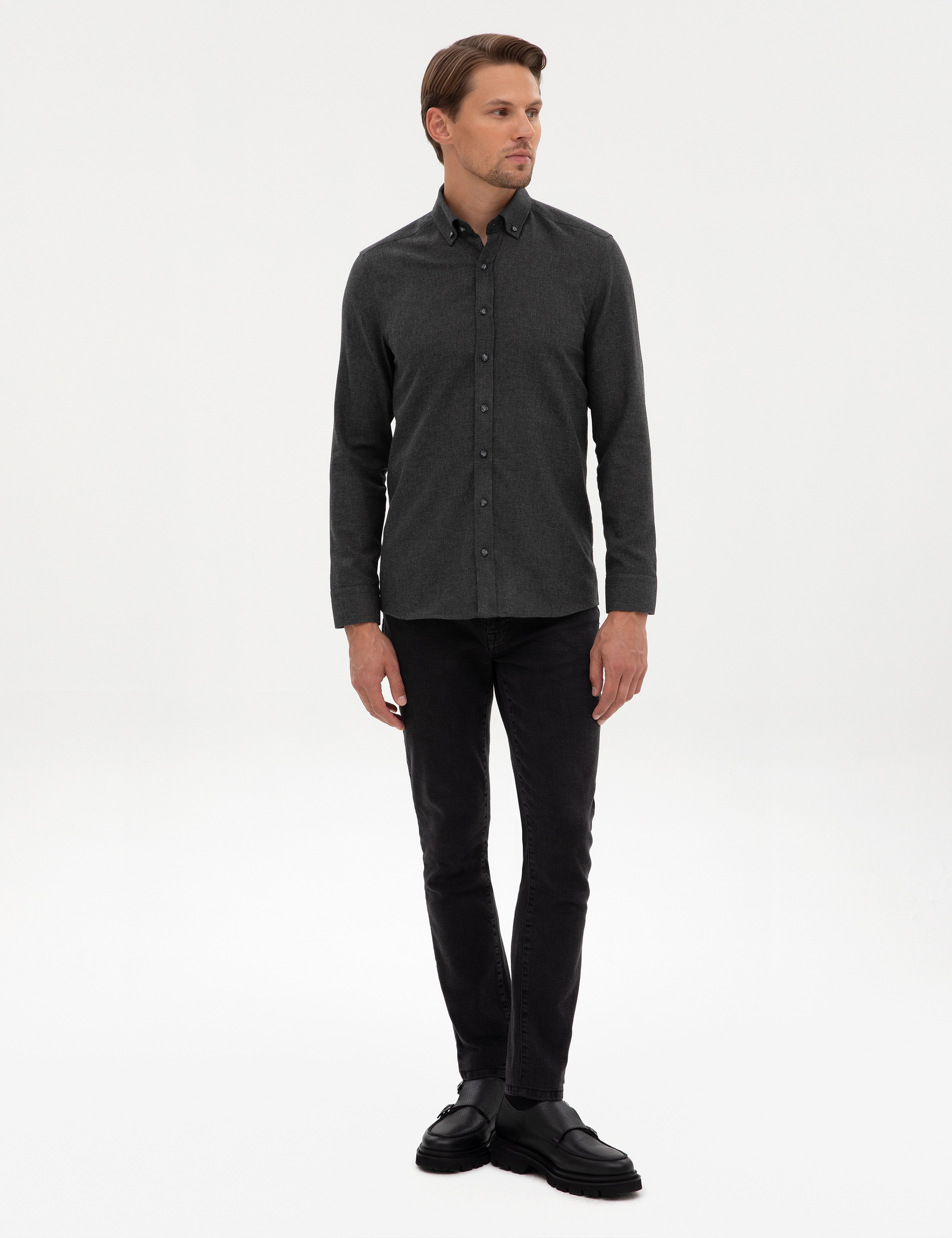 Antrasit Flanel Dokulu Slim Fit Uzun Kollu Gömlek - Image 4