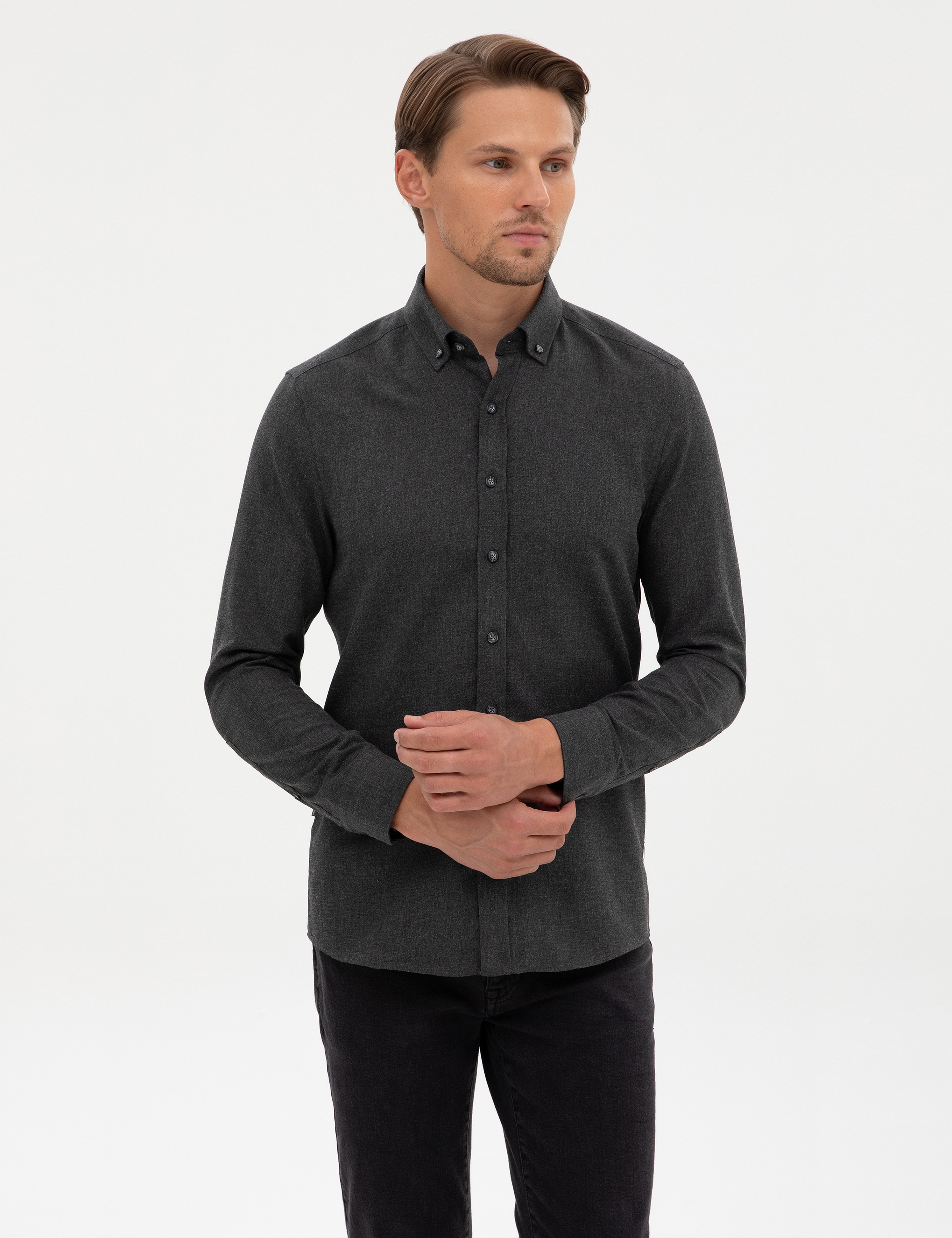 Antrasit Flanel Dokulu Slim Fit Uzun Kollu Gömlek - Image 3