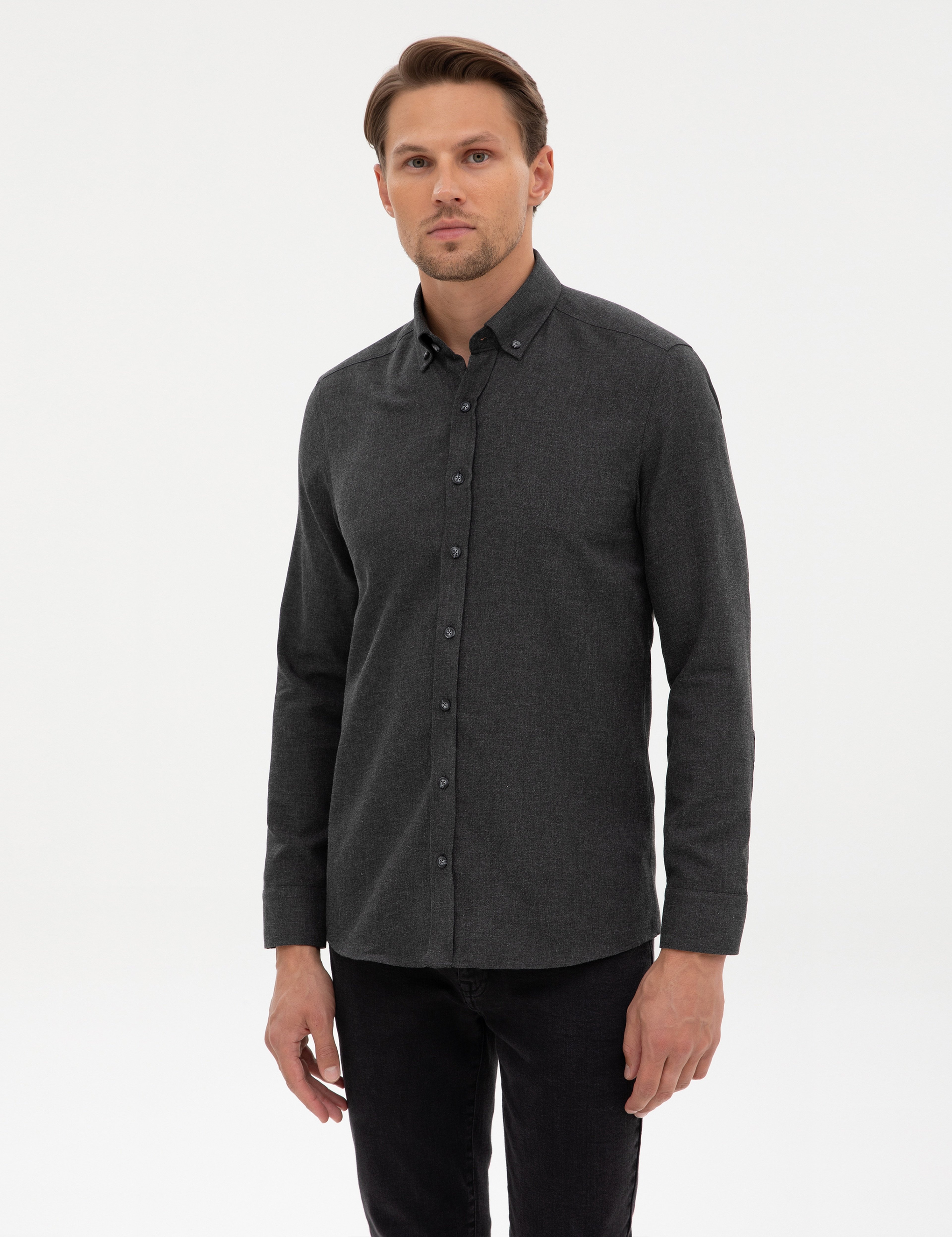 Antrasit Flanel Dokulu Slim Fit Uzun Kollu Gömlek - Image 1