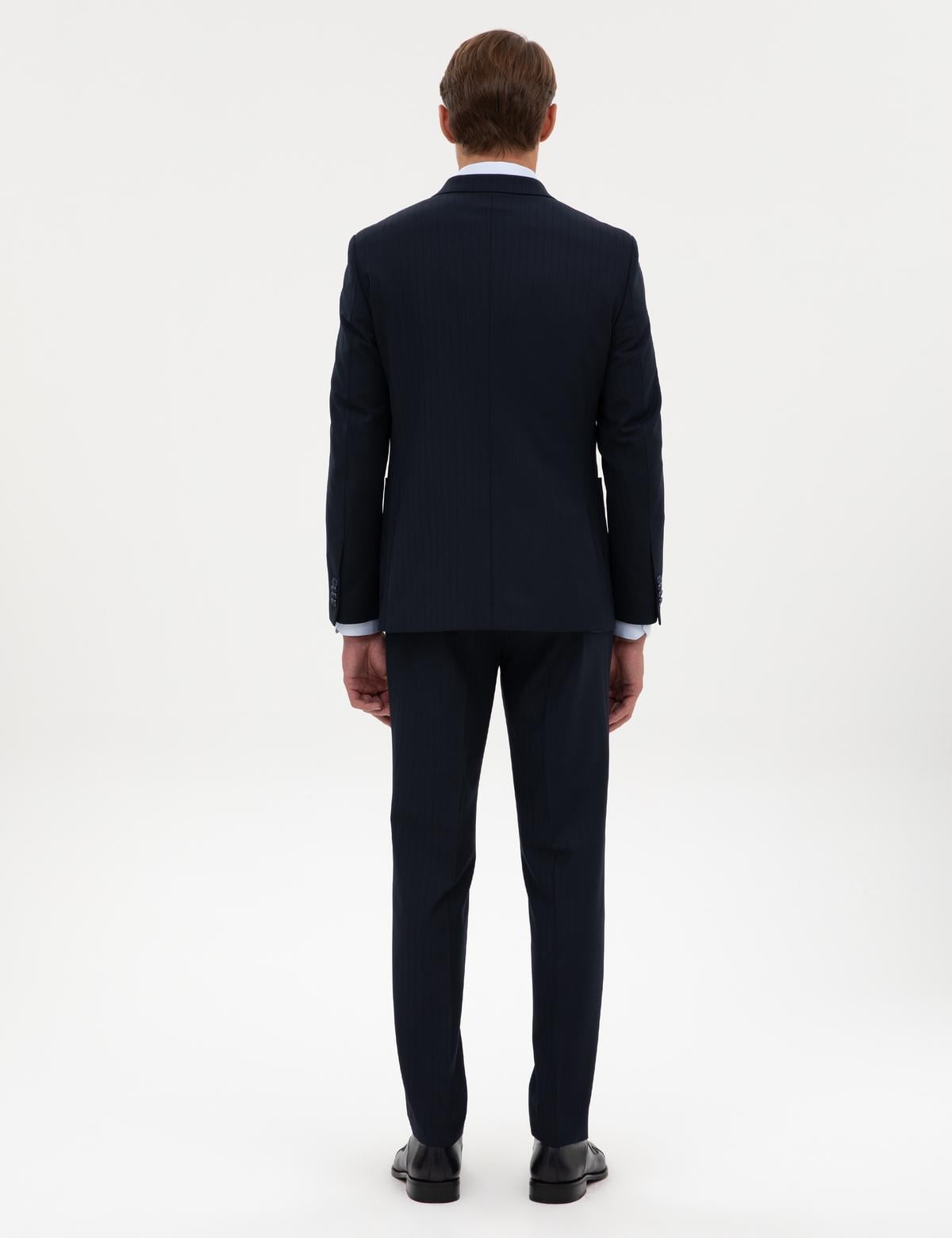 Lacivert Ex. Slim Fit Çizgili Kruvaze Takım Elbise - 50316758056