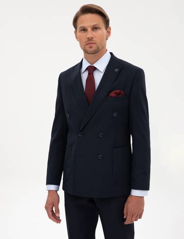 Lacivert Ex. Slim Fit Çizgili Kruvaze Takım Elbise