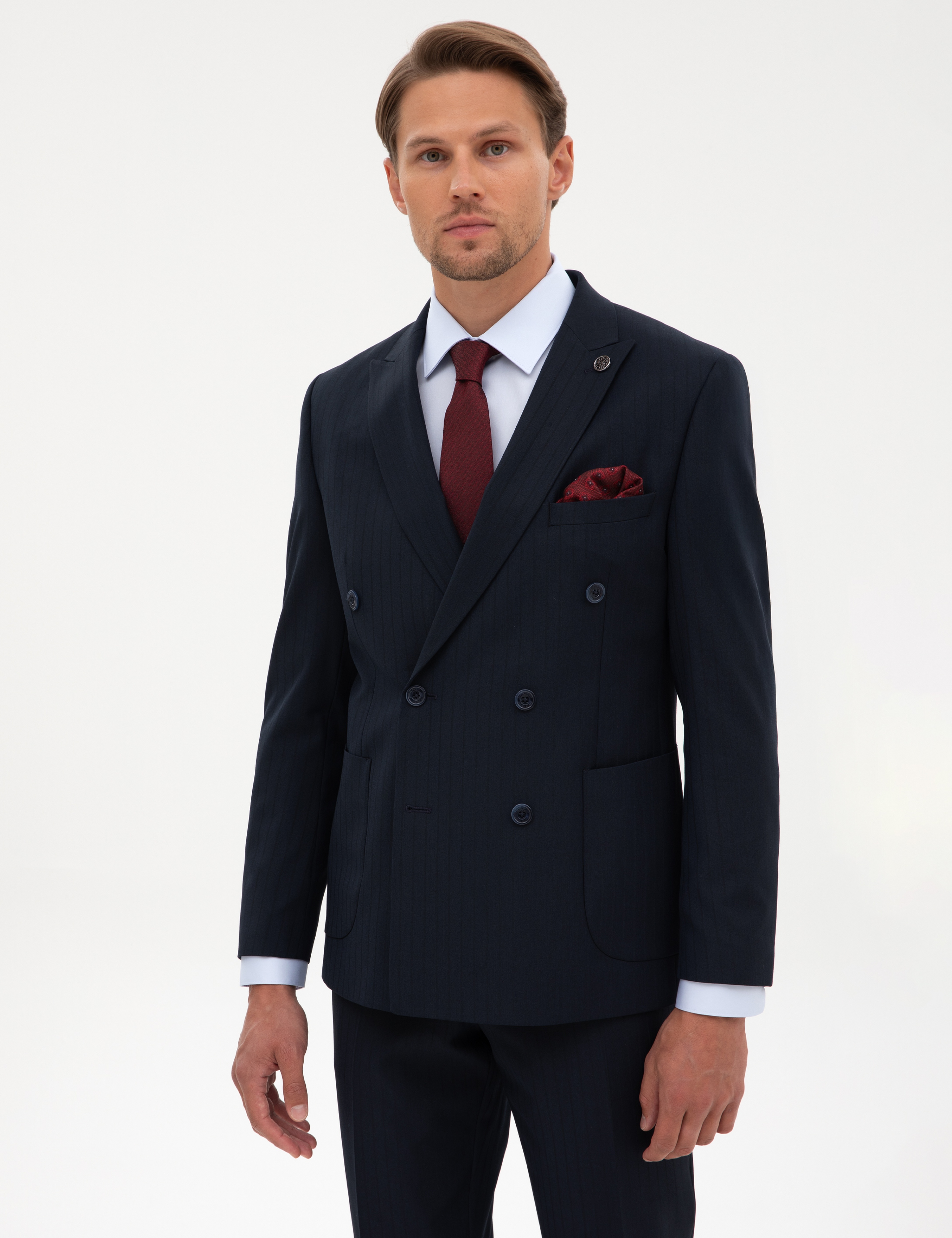 Lacivert Extra Slim Fit Çizgili Kruvaze Takım Elbise - Image 3
