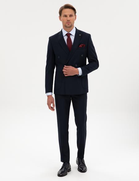 Lacivert Ex. Slim Fit Çizgili Kruvaze Takım Elbise - 50316758056