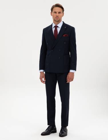 Lacivert Ex. Slim Fit Çizgili Kruvaze Takım Elbise
