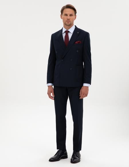 Lacivert Ex. Slim Fit Çizgili Kruvaze Takım Elbise - 50316758056