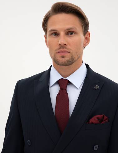 Lacivert Ex. Slim Fit Çizgili Kruvaze Takım Elbise