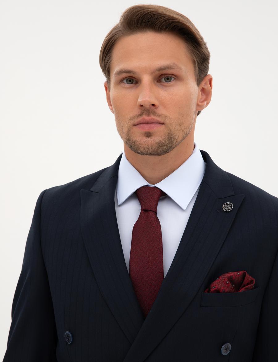 Lacivert Ex. Slim Fit Çizgili Kruvaze Takım Elbise