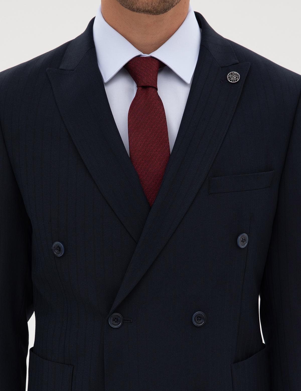 Lacivert Ex. Slim Fit Çizgili Kruvaze Takım Elbise - 50316758056