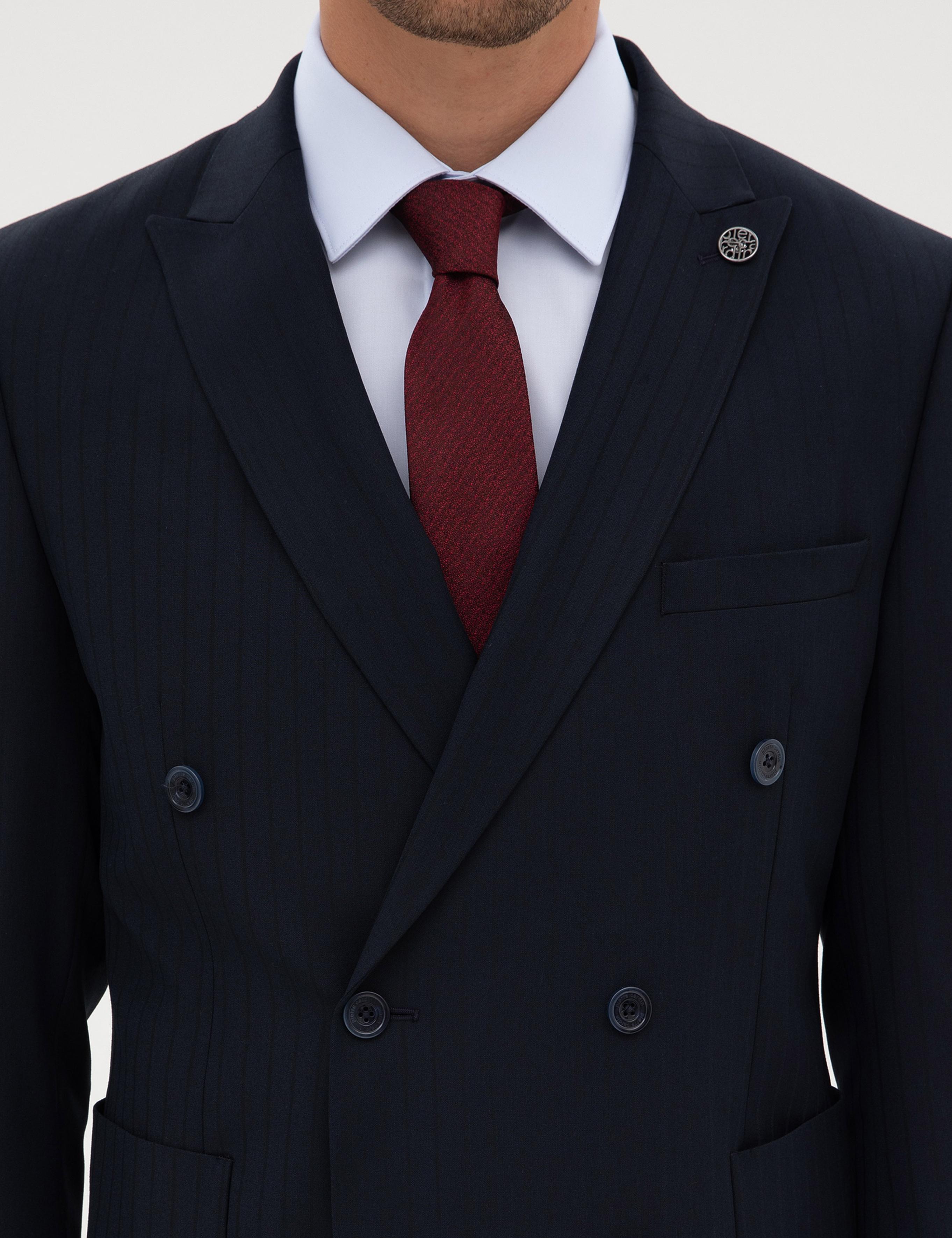 Lacivert Ex. Slim Fit Çizgili Kruvaze Takım Elbise