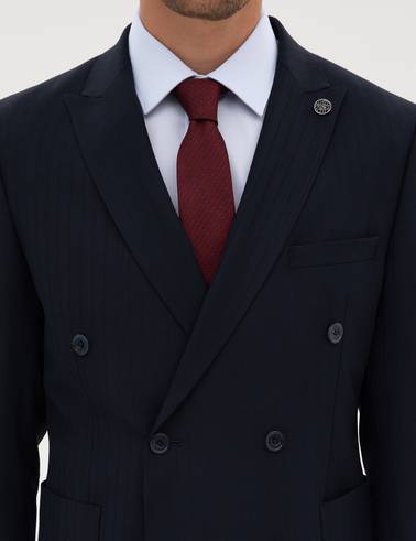 Lacivert Ex. Slim Fit Çizgili Kruvaze Takım Elbise