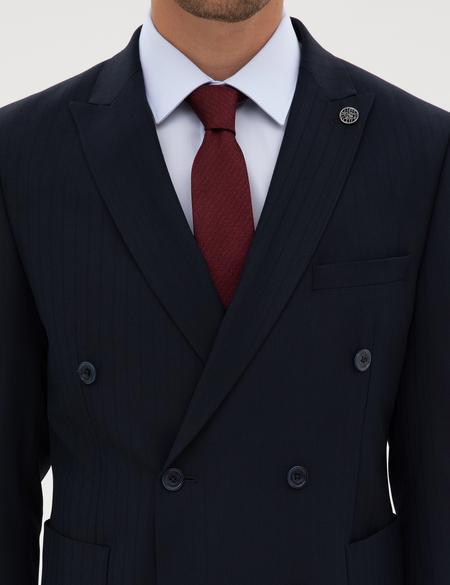 Lacivert Ex. Slim Fit Çizgili Kruvaze Takım Elbise - 50316758056