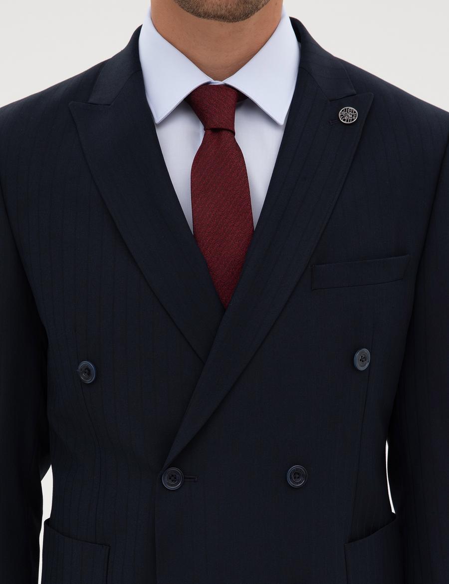 Lacivert Ex. Slim Fit Çizgili Kruvaze Takım Elbise