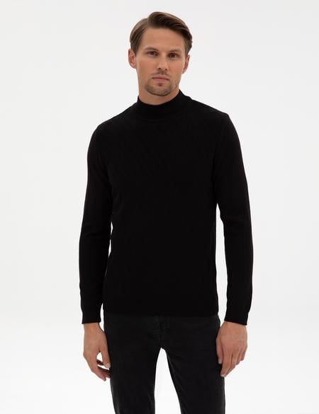 Siyah Slim Fit Yarım Balıkçı Yaka Triko Kazak - 50318128006