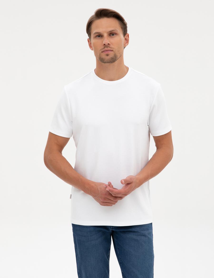 Beyaz Regular Fit Kalın Dokulu Bisiklet Yaka Basic Tişört