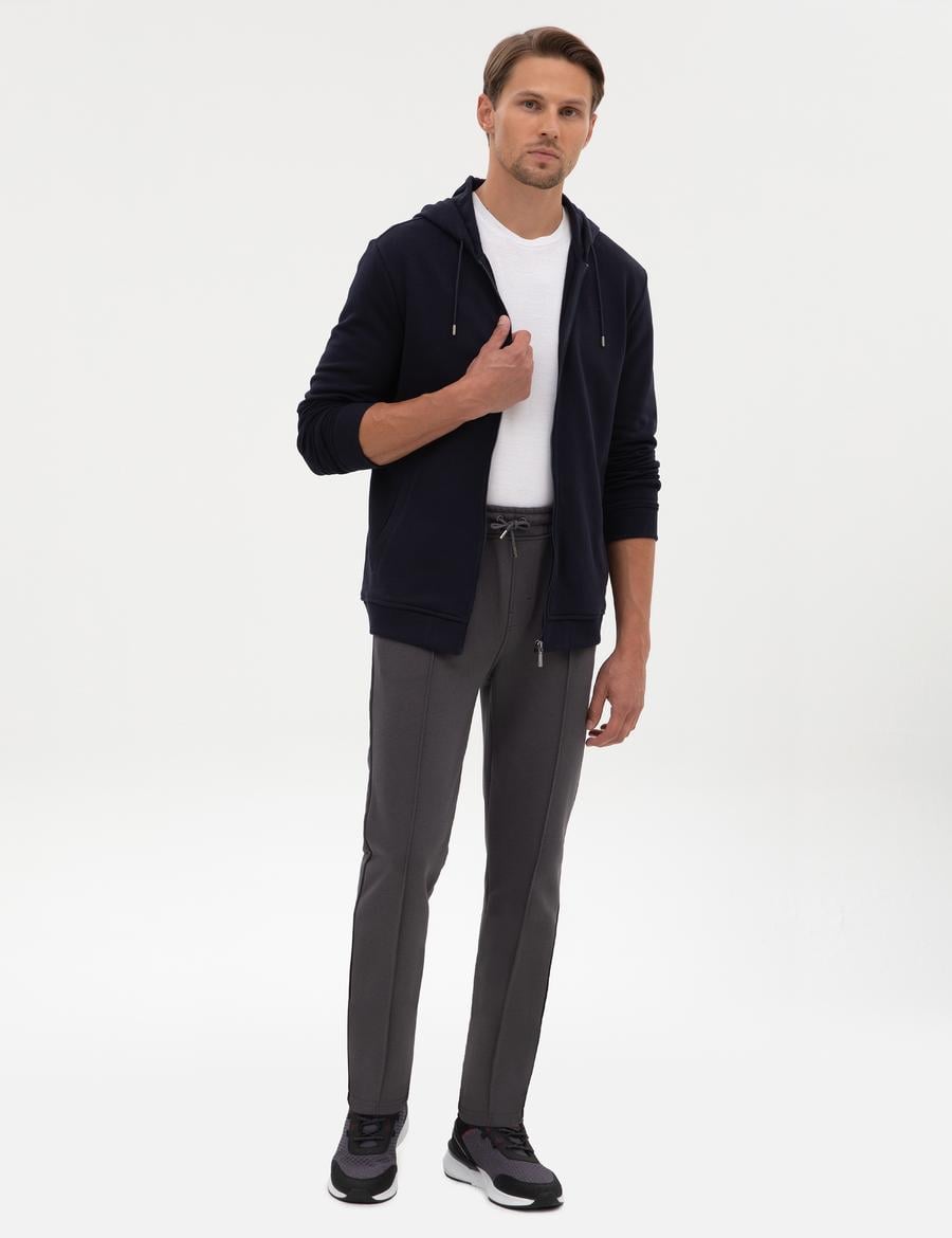 Antrasit Slim Fit Nervürlü Düz Paça Eşofman Altı