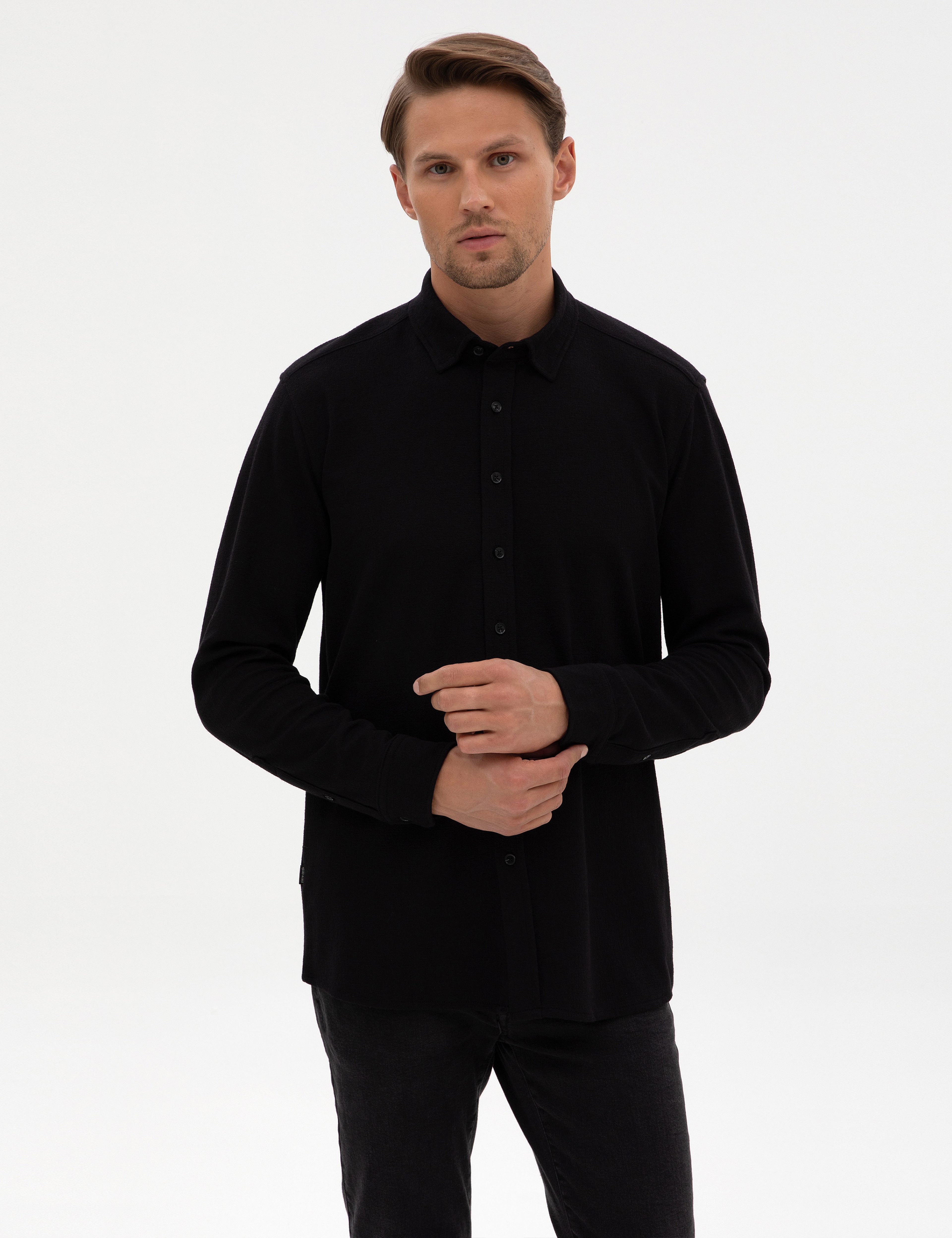 Siyah Regular Fit Örme Gömlek - Image 1