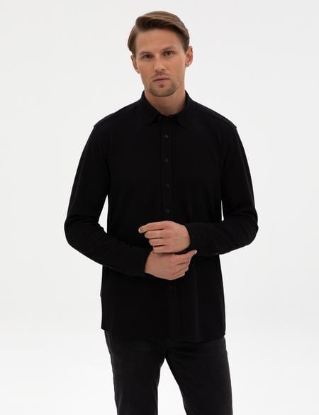 Siyah Regular Fit Örme Gömlek - 50311692008