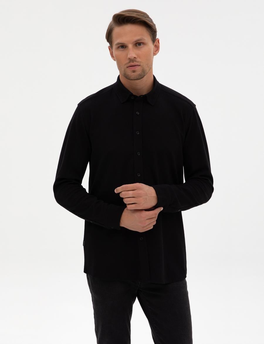 Siyah Regular Fit Örme Gömlek