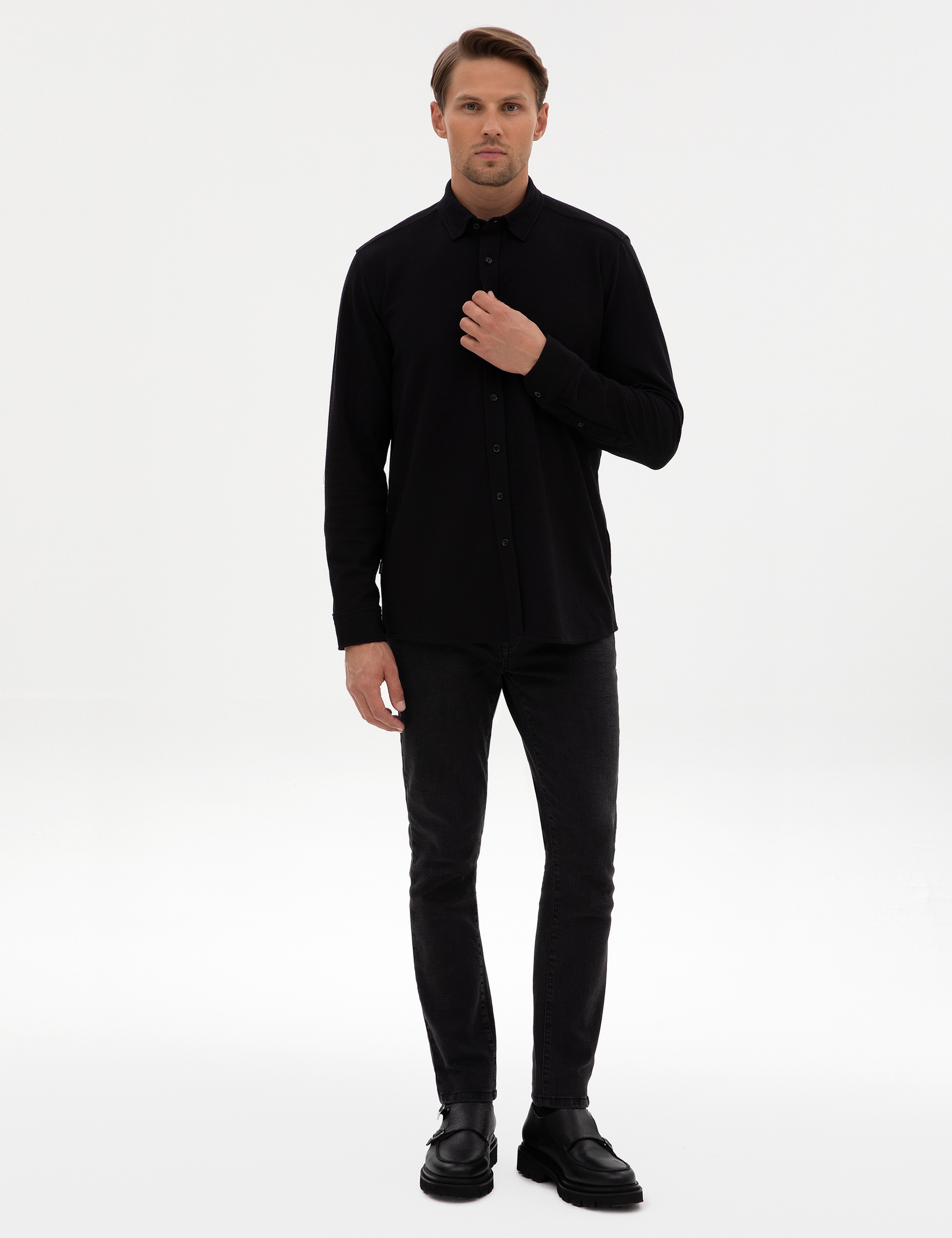 Siyah Regular Fit Örme Gömlek - Image 4