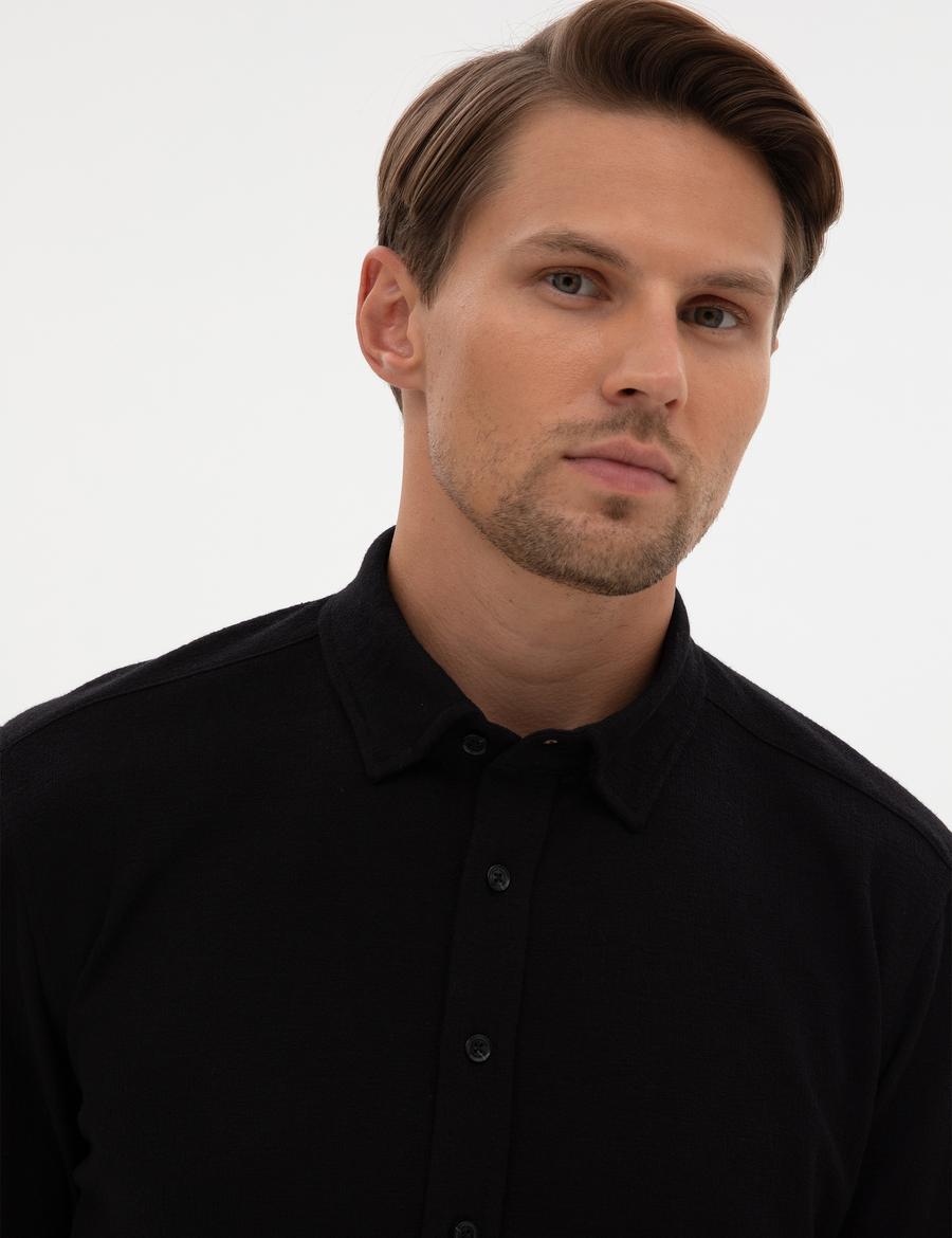 Siyah Regular Fit Örme Gömlek