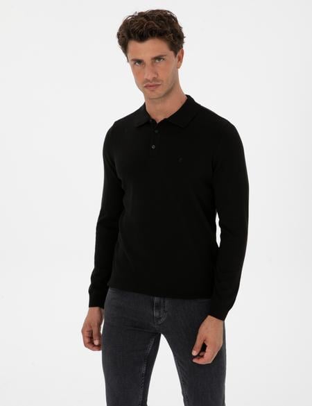 Siyah Slim Fit Polo Yaka Basic Triko Kazak - 50315405019