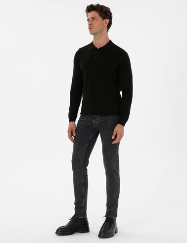 Siyah Slim Fit Polo Yaka Basic Triko Kazak