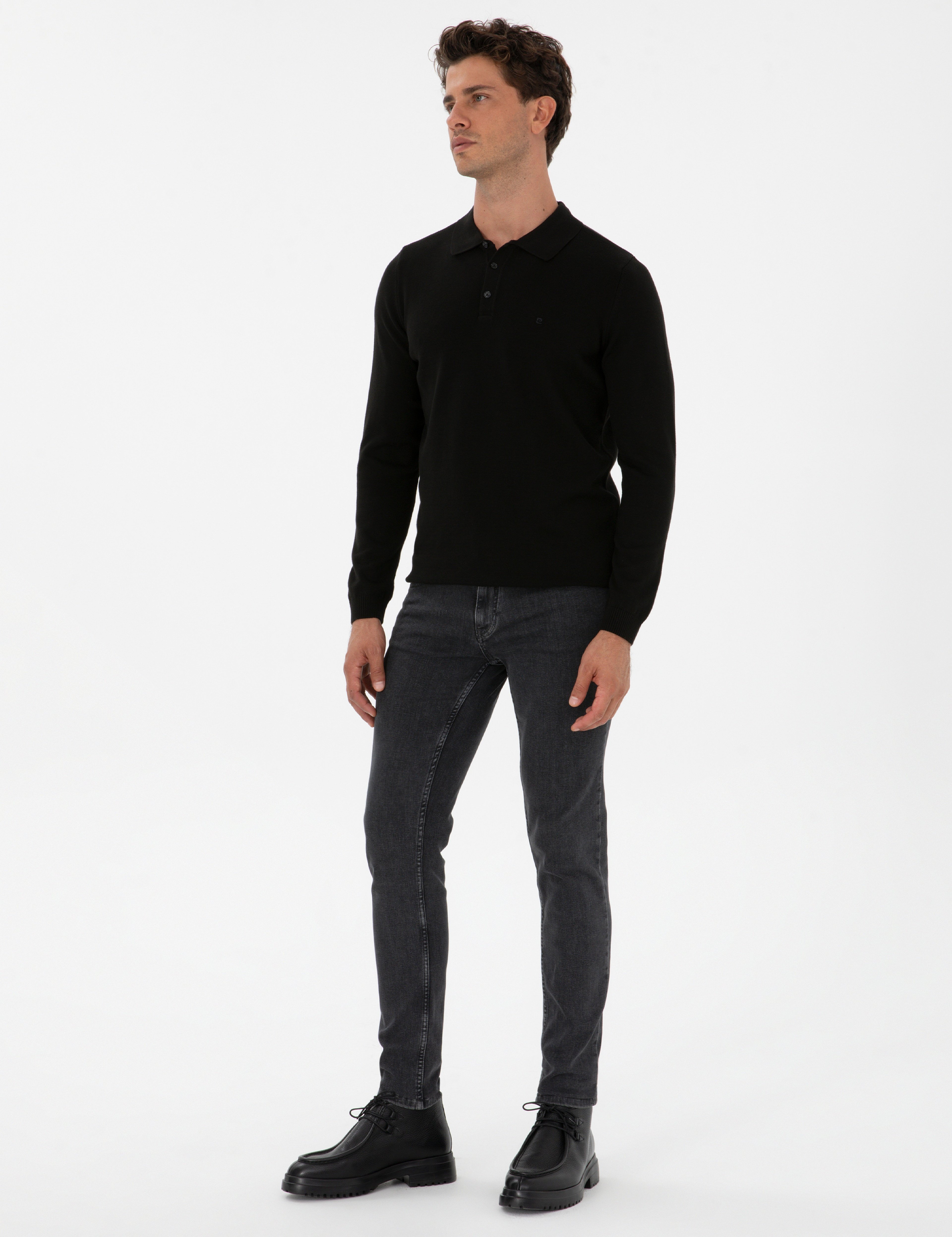 Siyah Slim Fit Polo Yaka Basic Triko Kazak - Image 4