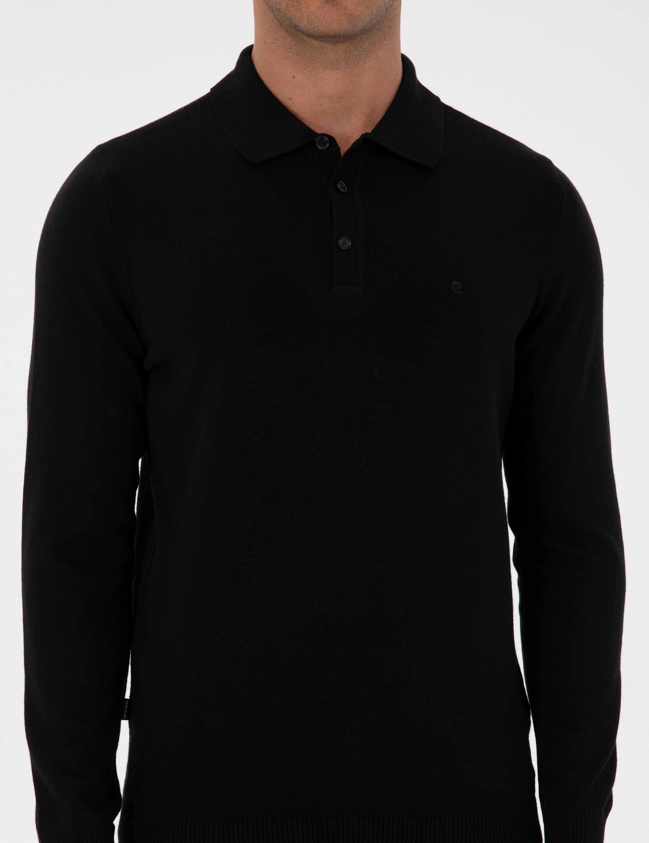 Siyah Slim Fit Polo Yaka Basic Triko Kazak